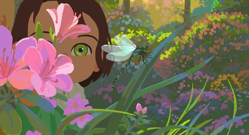 Animated image of a young girl with short brown hair and green eyes peeking from behind a pink flower in a pastel field — still from Little Amélie or the Character of Rain