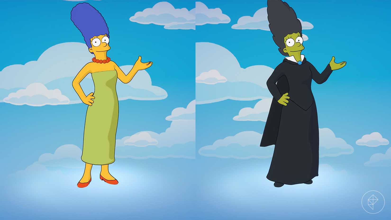 The Marge Simpson and Witch Marge skins as they appear in Fortnite.
