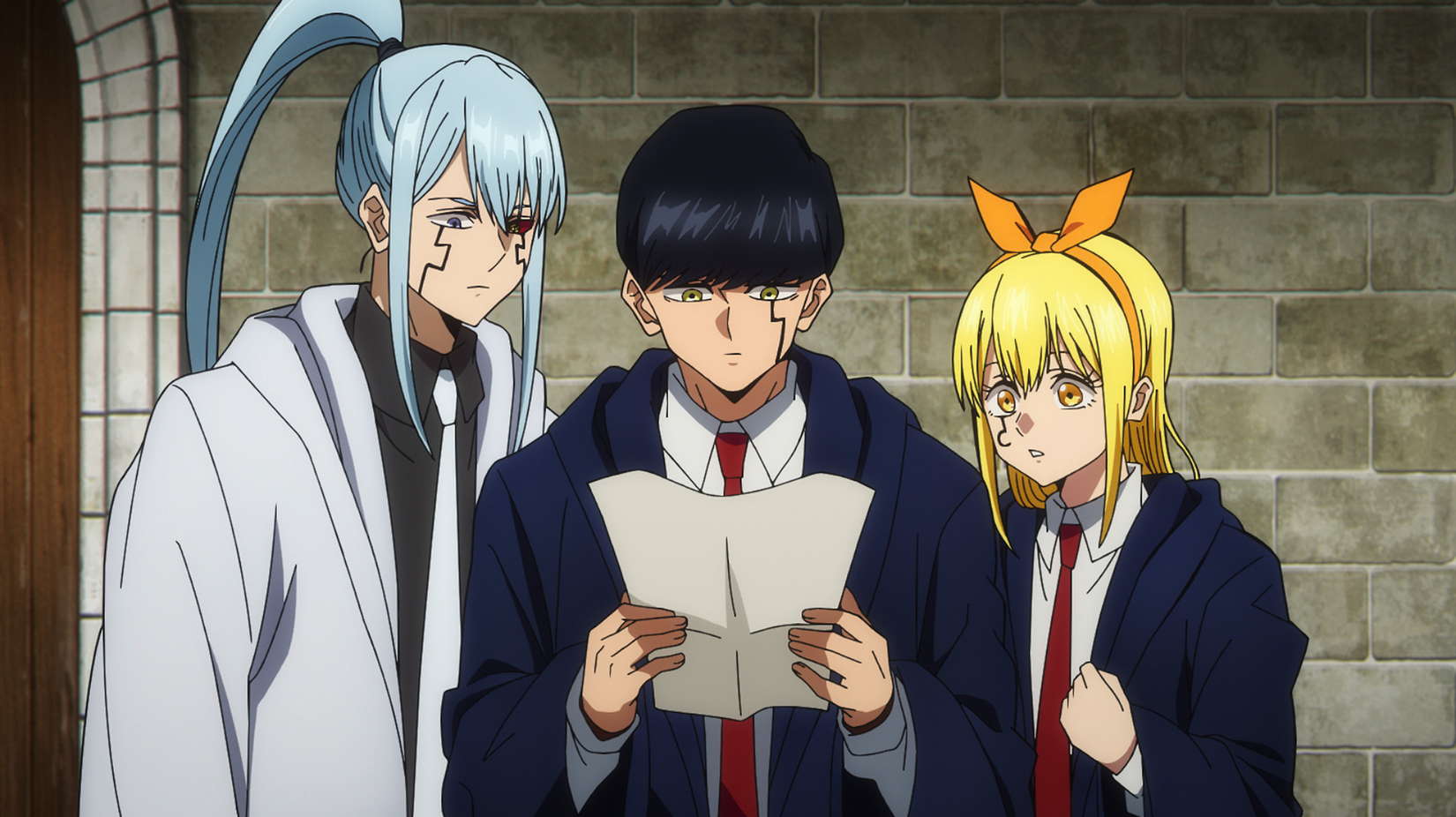 Mashle กำลังดูการ์ดร่วมกับ Lemon และ Lance จาก Mashle