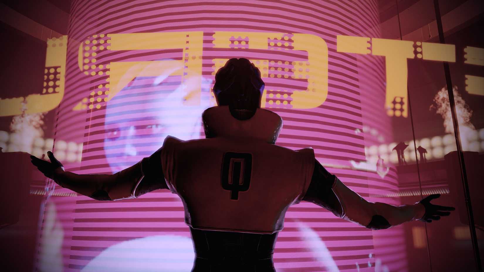 Aria's silhouette against purple neon lights with her arms sprawed out in front of Afterclare declaring she is Omega itself from Mass Effect 2