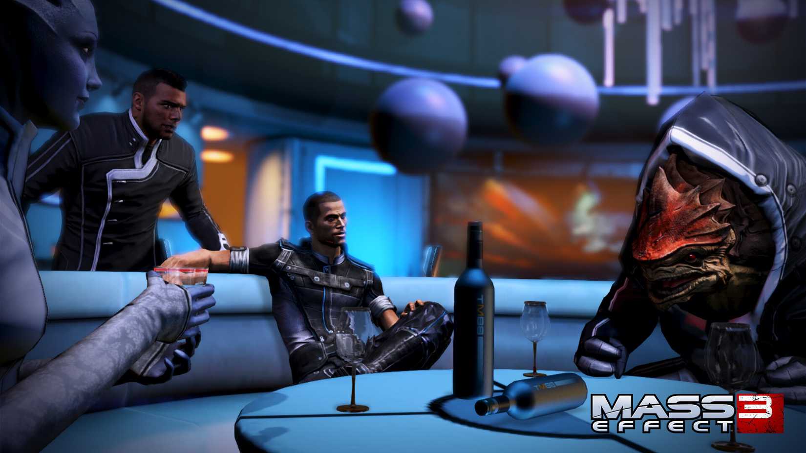 A Krogan sitting with Commander Shepard in Mass Effect 3