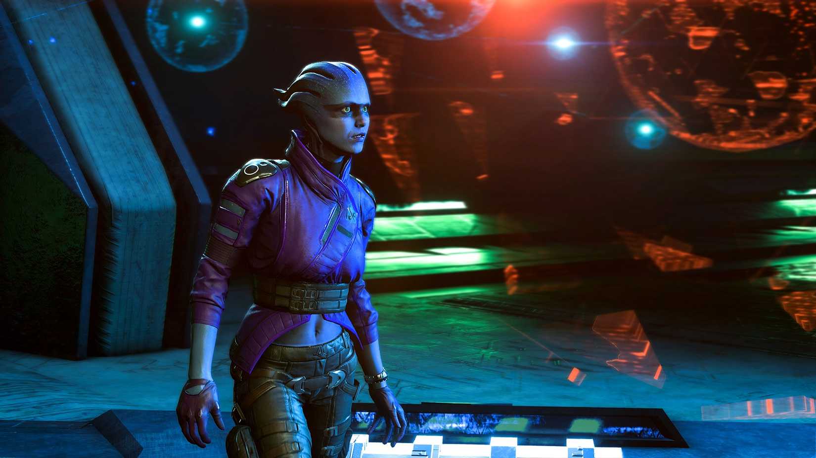 Peebee walks in front of Asari technology in Mass Effect Andromeda
