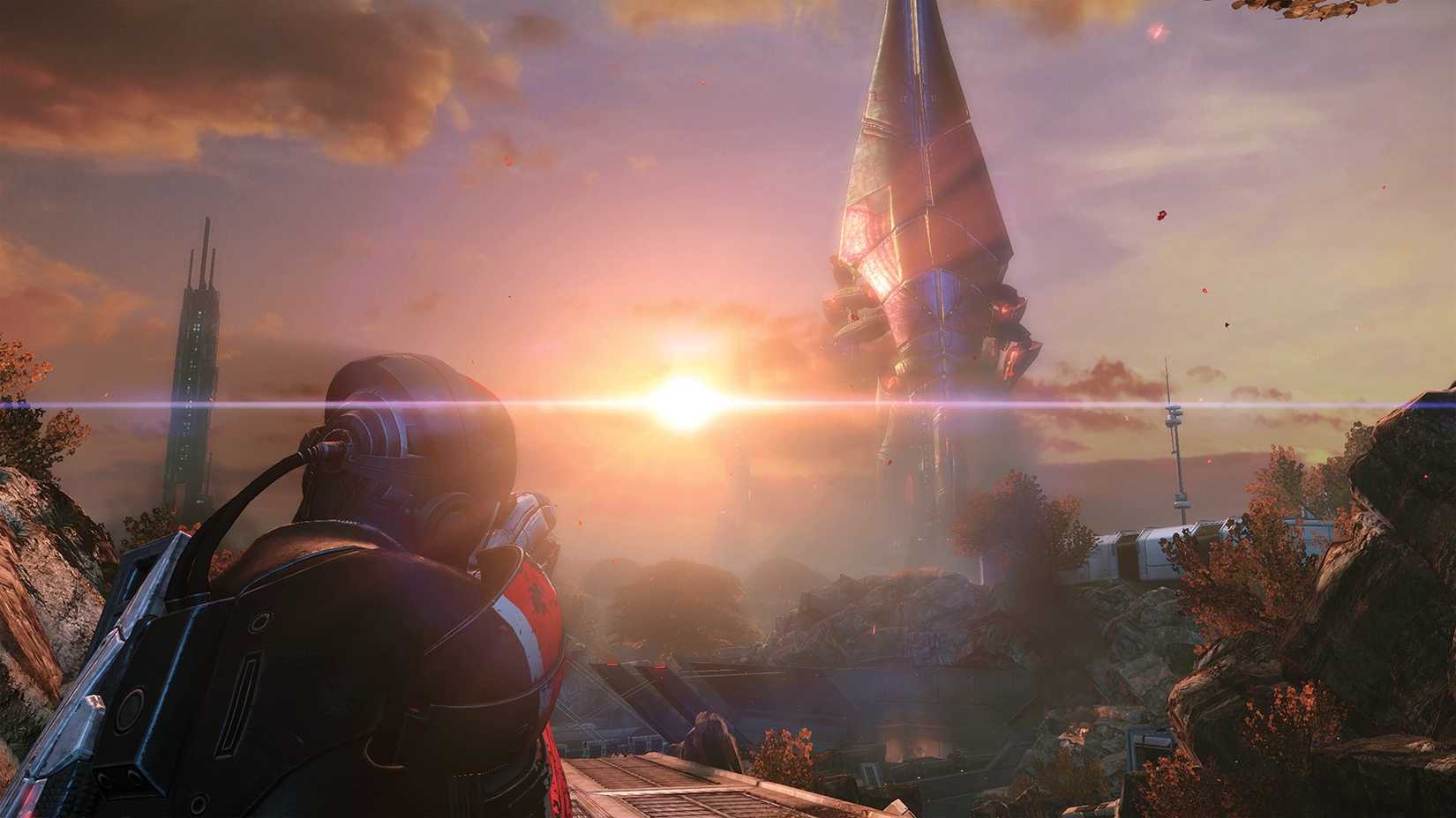Shepard observando un Reaper en Mass Effect