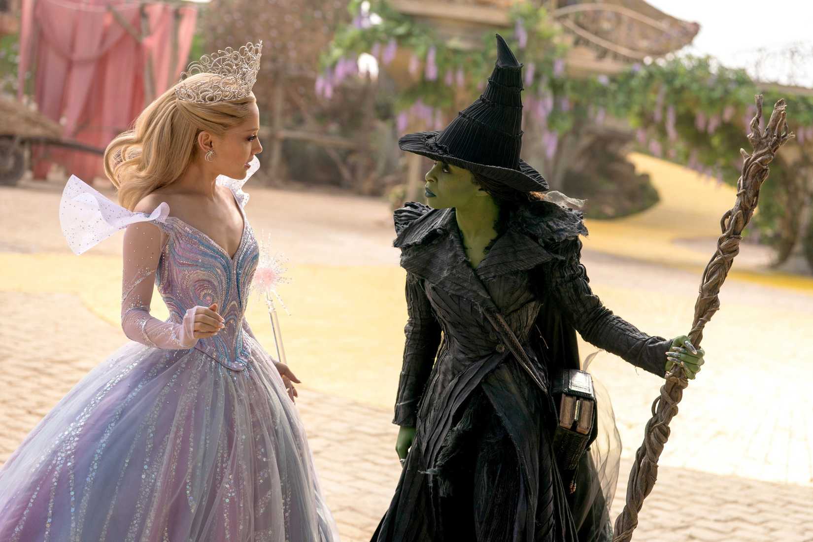 Glinda (Ariana Grande) and Elphaba (Cynthia Erivo) come face to face in an abandoned munchkin town in Wicked: For Good
