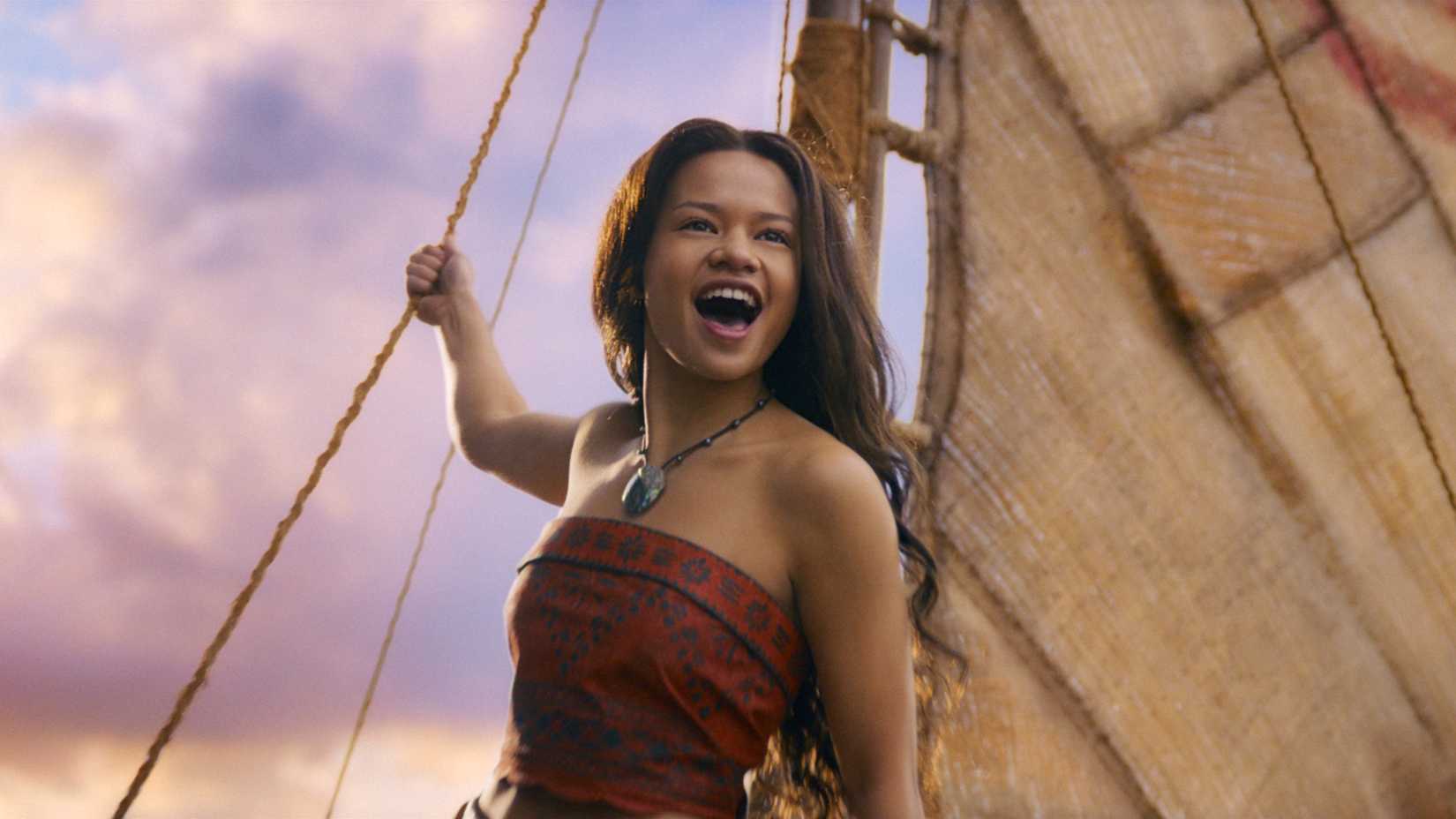 Catherine Laga'aia as Moana performs on deck in the 2026 film.