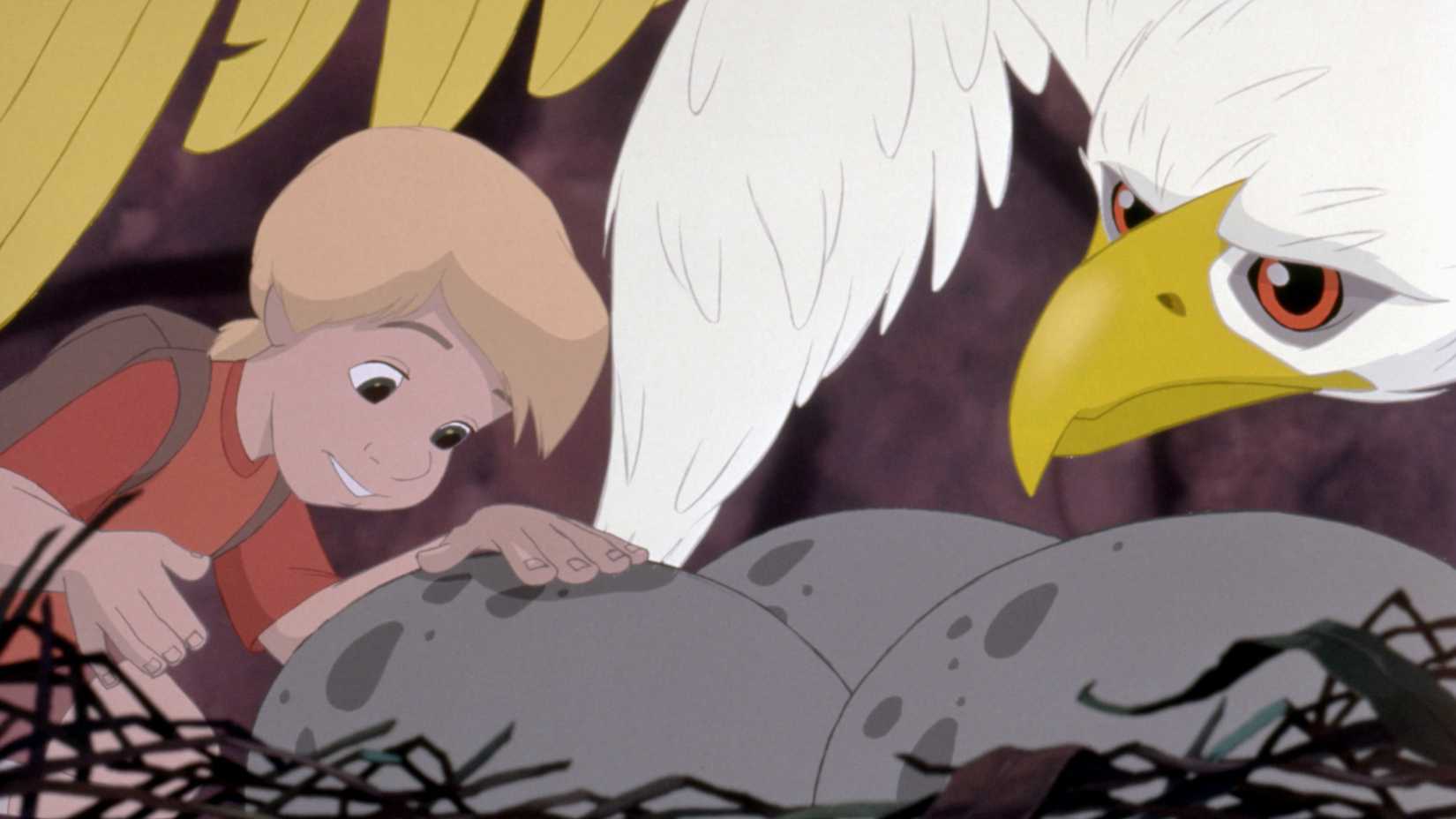 Um menino chamado Cody está no ninho da gigante águia dourada Marahute e sorri para seus ovos em The Rescuers Down Under