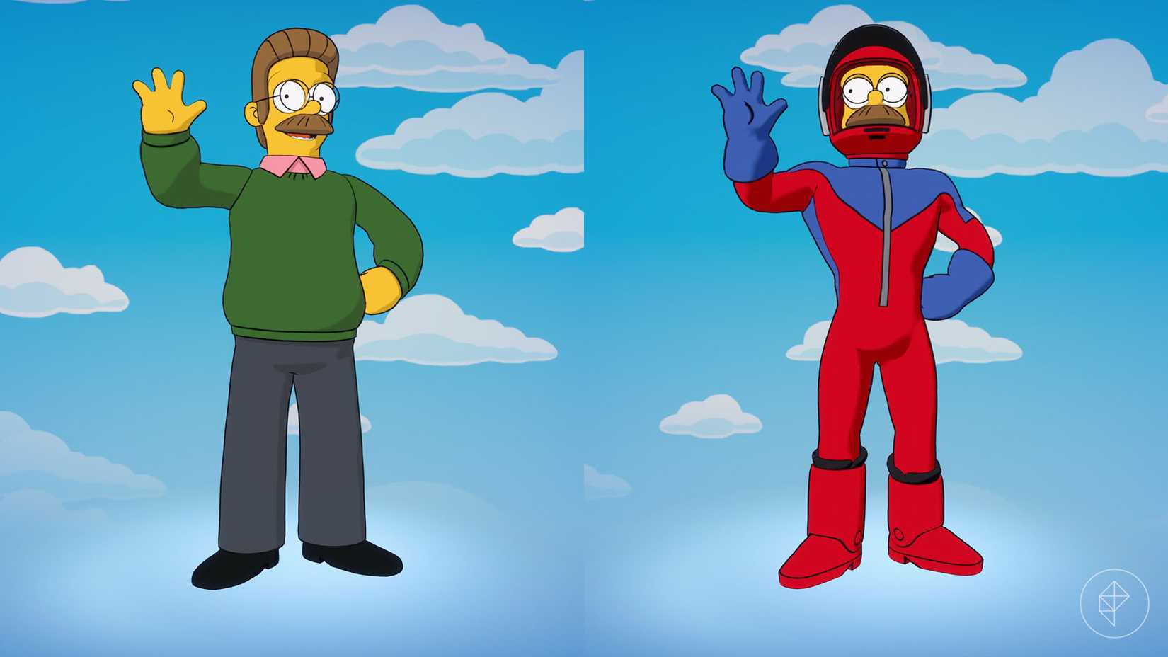 Ned Flanders and Stupid Sexy Flanders skins as they appear in Fortnite.