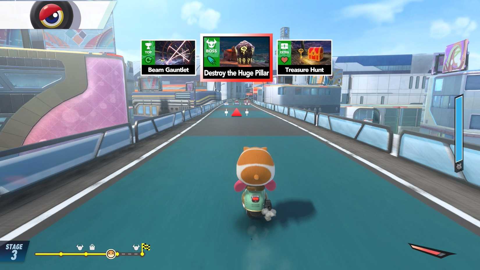 Rick, o hamster, anda em uma scooter com três opções de minijogos à sua frente em Kirby Air Riders.