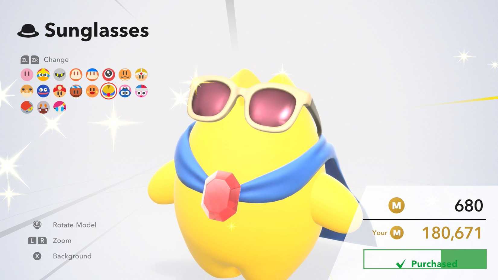 Starman experimenta óculos de sol em Kirby Air Riders.