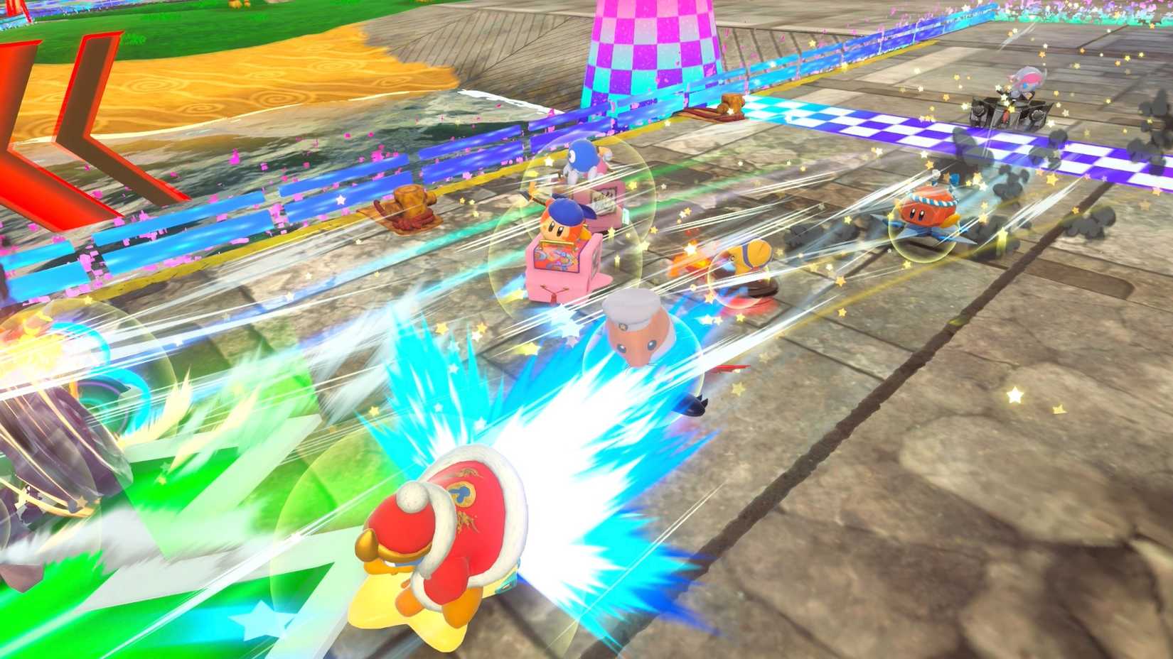 Uma corrida curta em Kirby Air Riders com vários pilotos atirando no portão de largada.