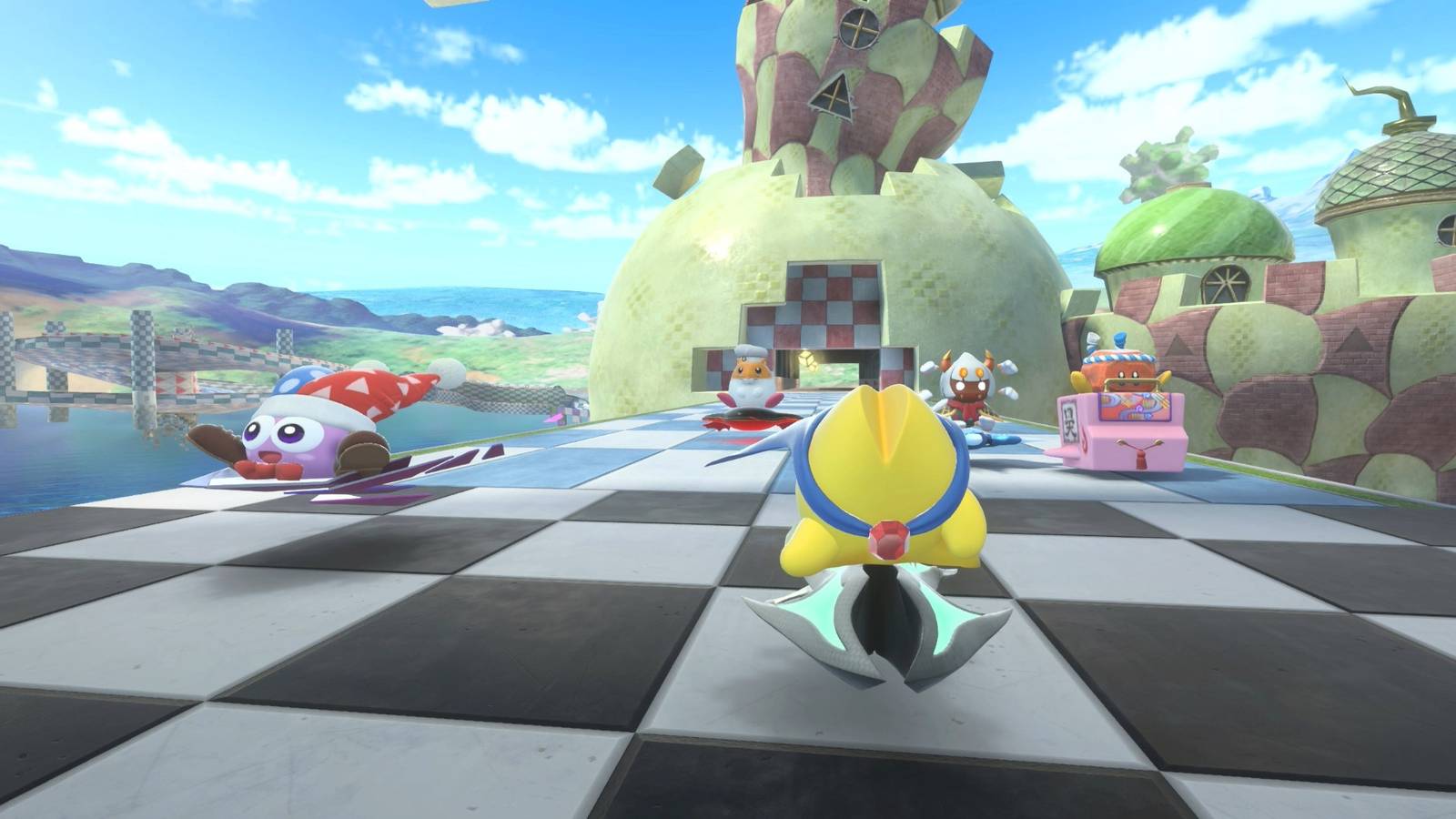 Marx, Rick, Starman, Taranza, and Rocky lined up at the start of a race in Kirby Air Riders.