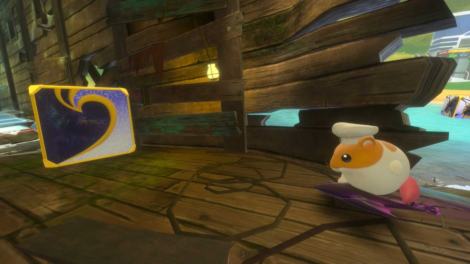 Rick com chapéu de chef se aproxima de uma caixa com detalhes dourados em Kirby Air Riders