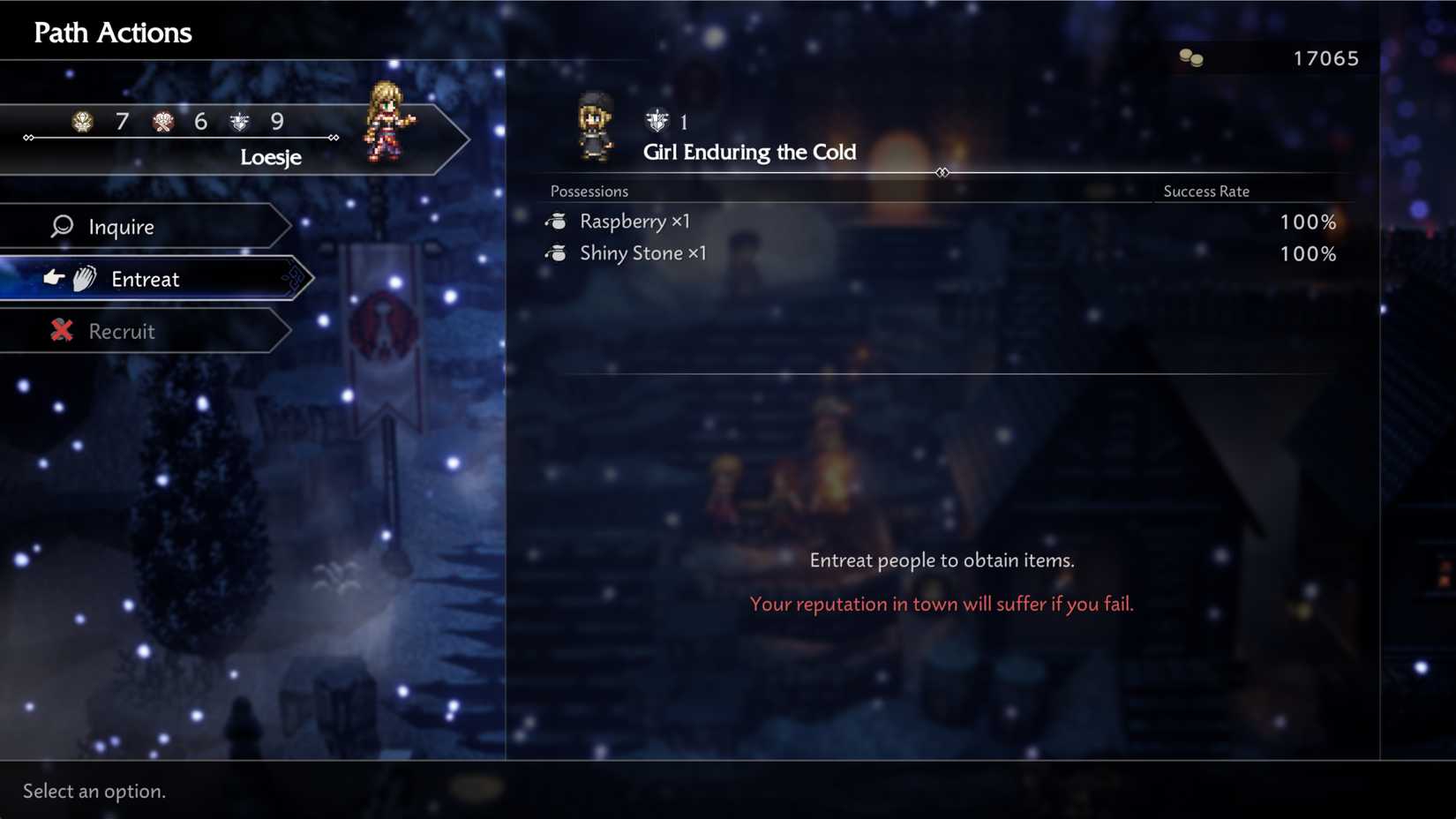 A player uses fame influence to obtain a raspberry from a girl in Octopath Traveler 0.