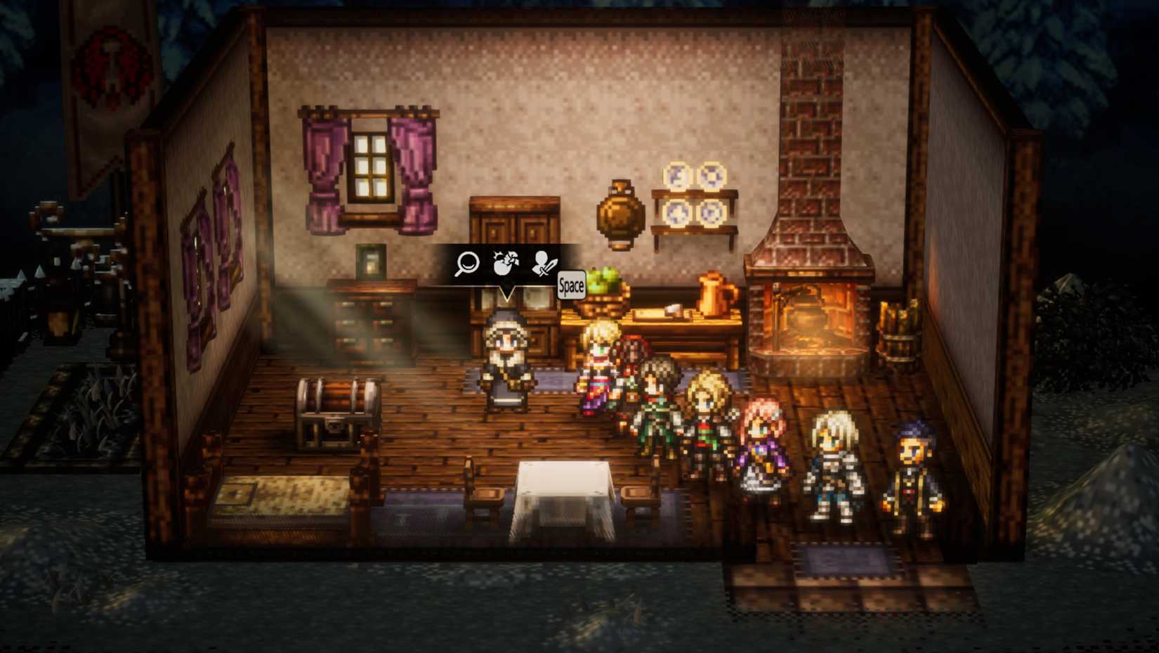 A player team speaks to a power-aligned grandma in Octopath Traveler 0.