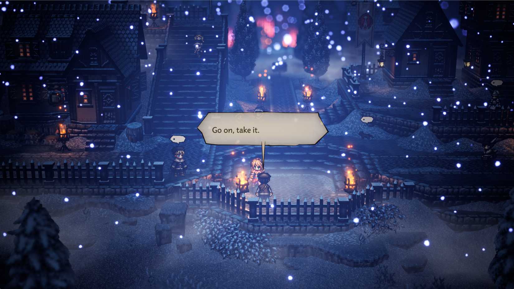 A player receives an item from an NPC in Octopath Traveler 0.