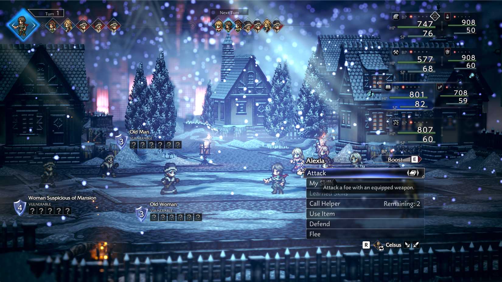 A player team fights a bunch of elderly people in Octopath Traveler 0.