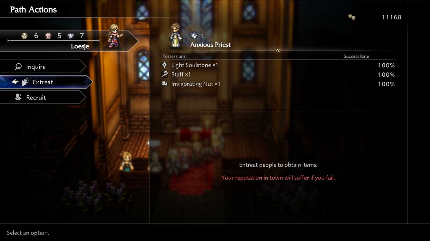A player entreats a fame-aligned NPC in Octopath Traveler 0.