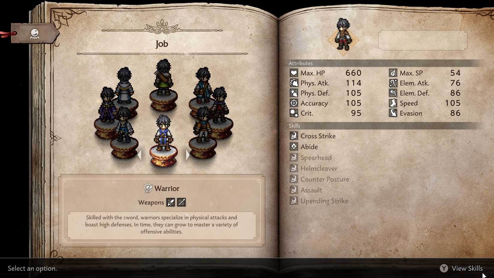 An official Octopath Travel 0 screenshot showing the job selection menu
