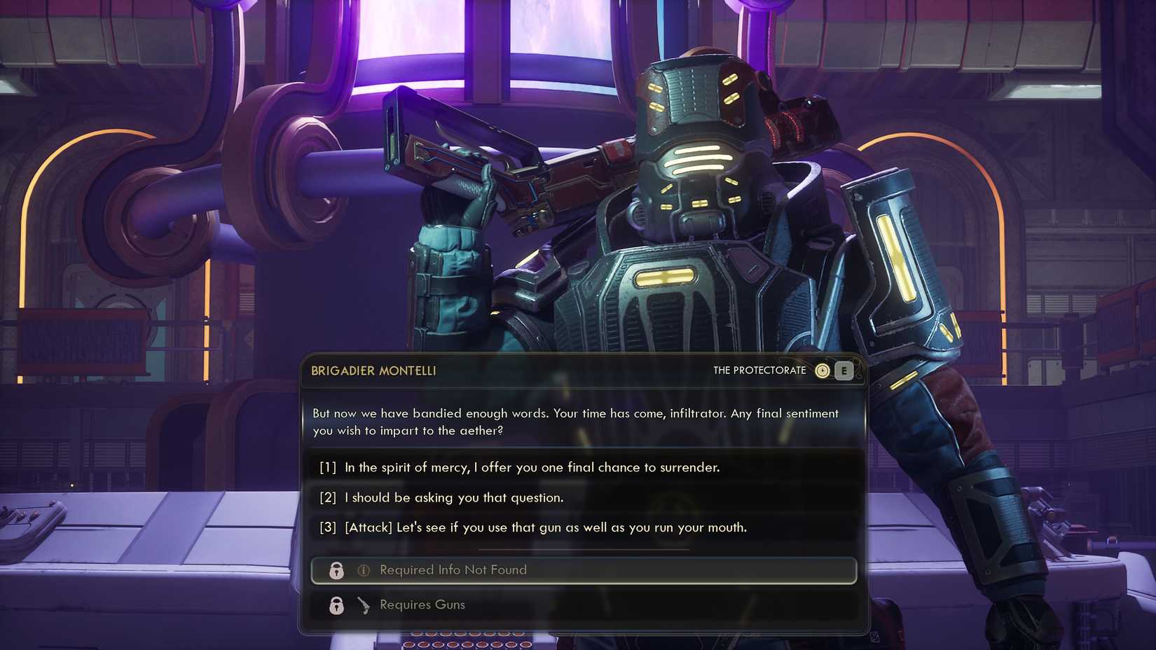 Blocked off choices while the player speaks to Montelli in Outer Worlds 2