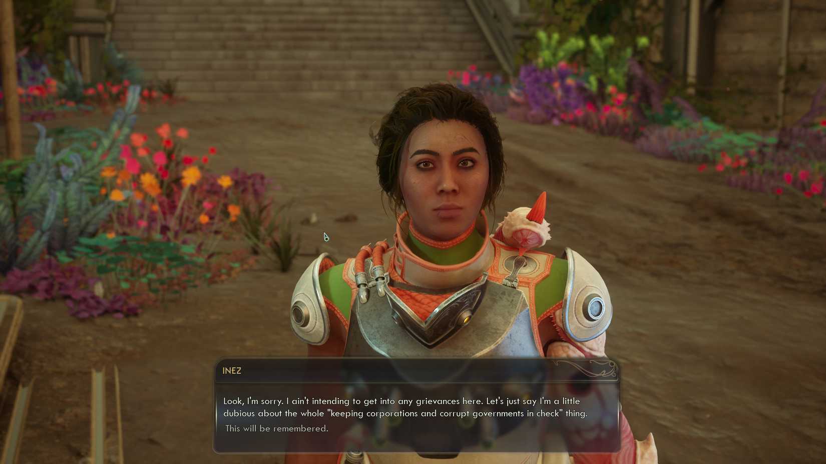A player talking to Inez in Outer Worlds 2 where the text "This will be remembered" appears
