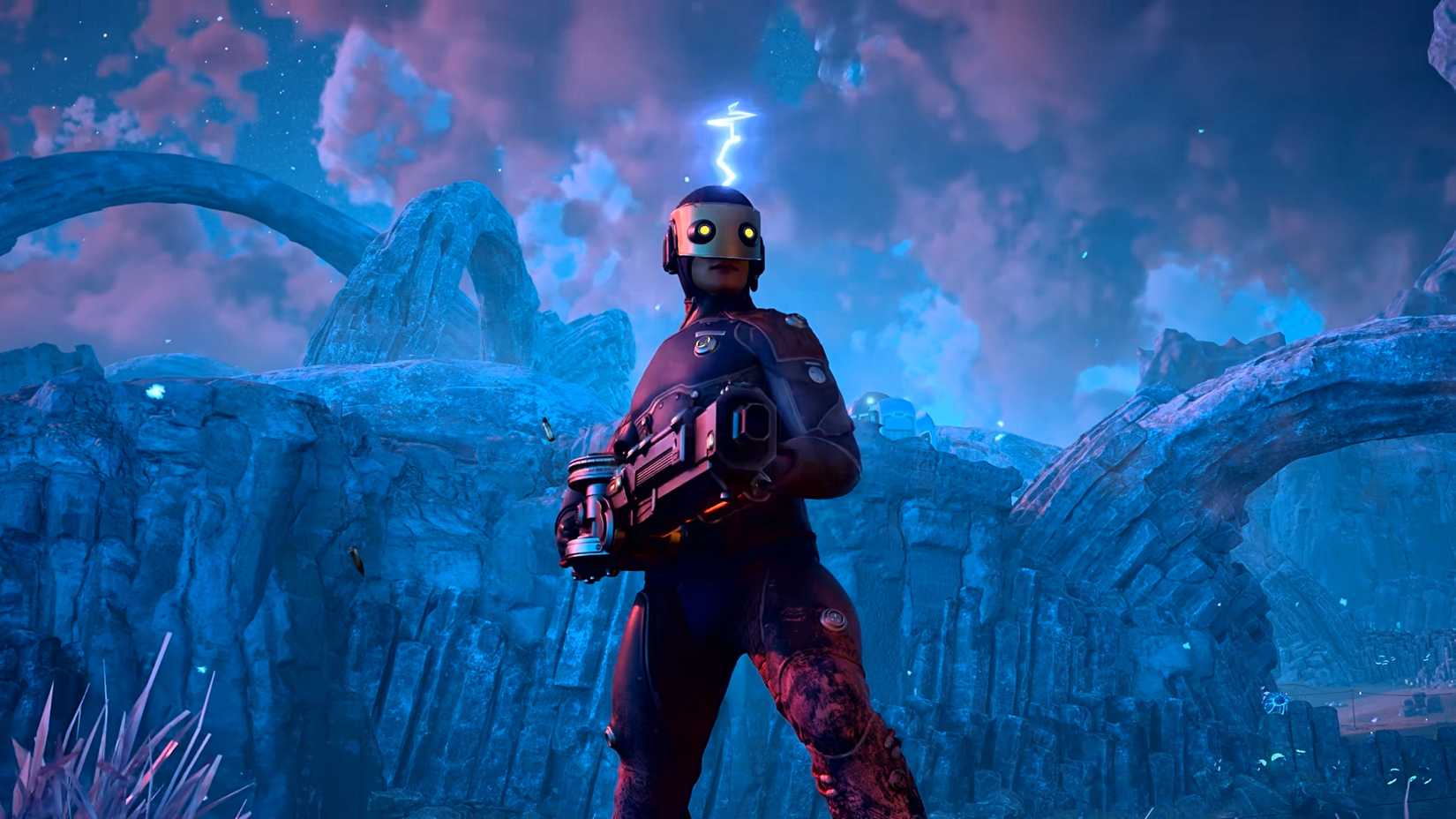 A player character in Outer Worlds 2 firing a spark gun while a lightning storm rages in the background
