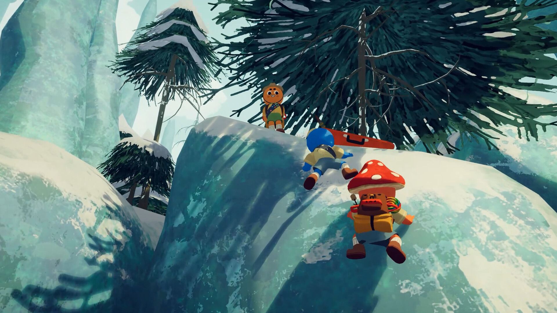 A screenshot from Peak featuring two climbers struggling to join a character at the top