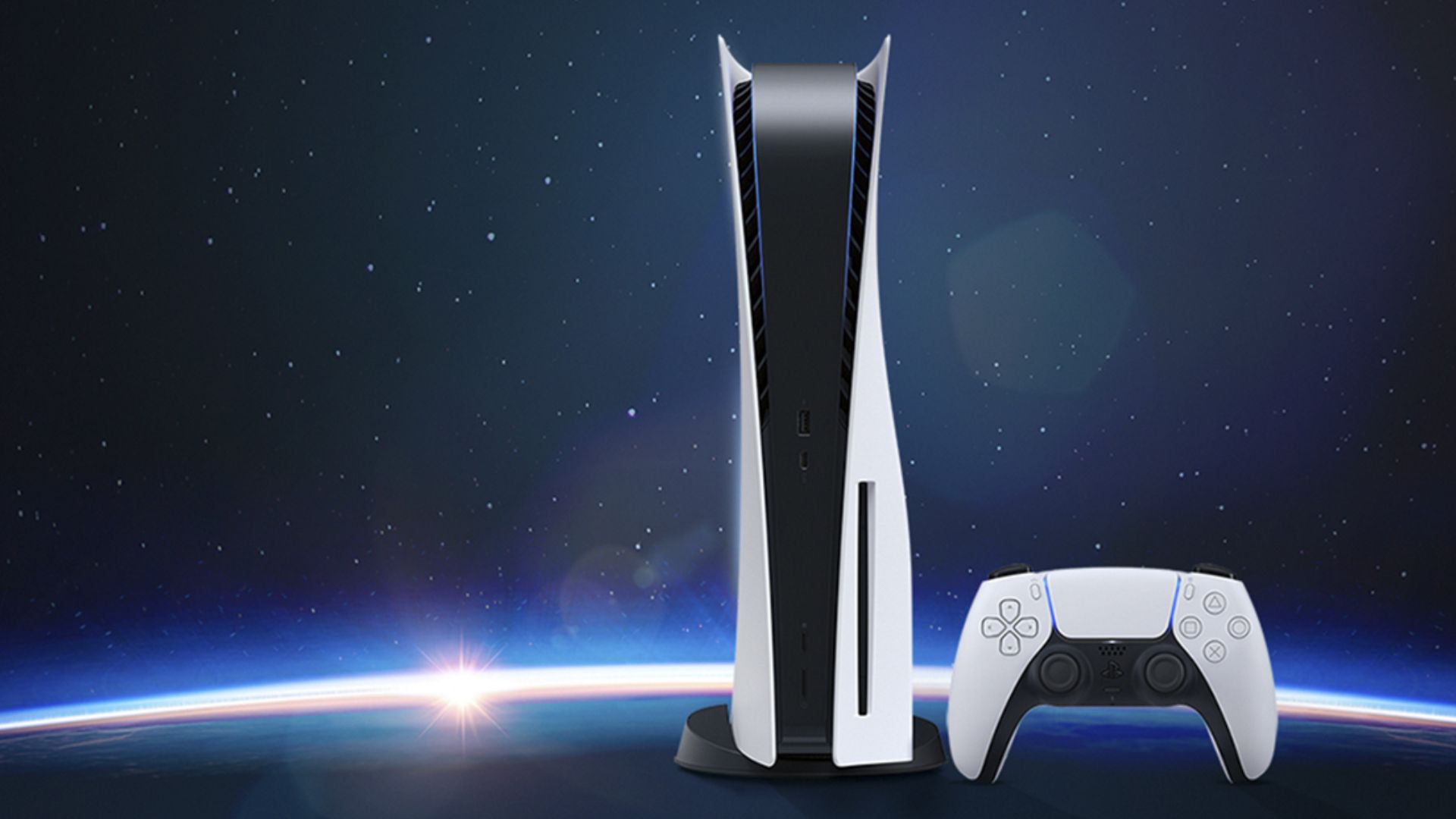 A PlayStation 5 console sits next to a DualSense controller, against a starry sky background.