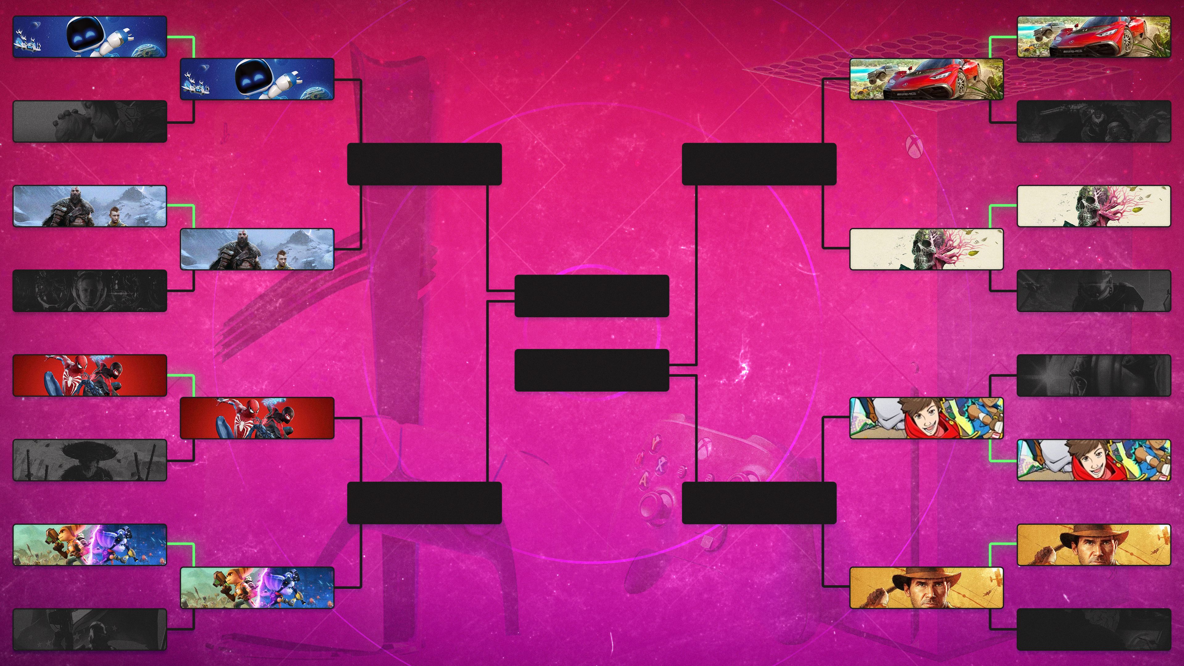 A tournament bracket shows PS5 and Xbox Series X games competing.
