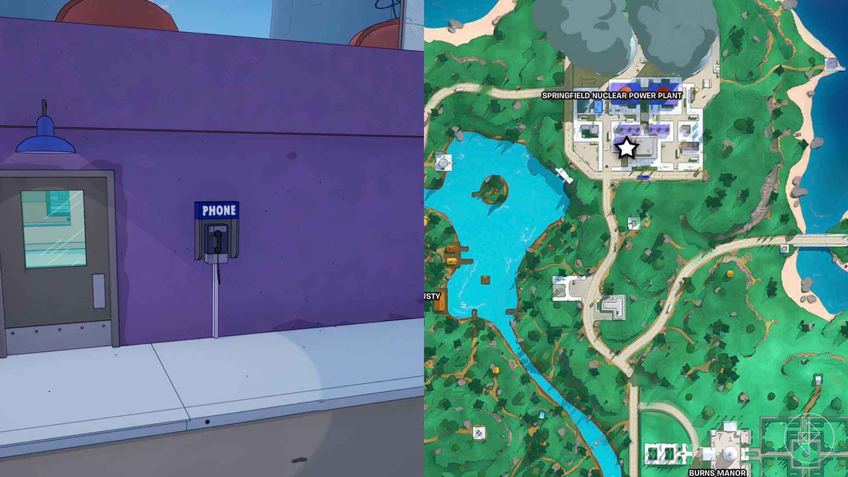 A payphone on a purple wall at the Springfield Nuclear Power Plant in Fortnite.