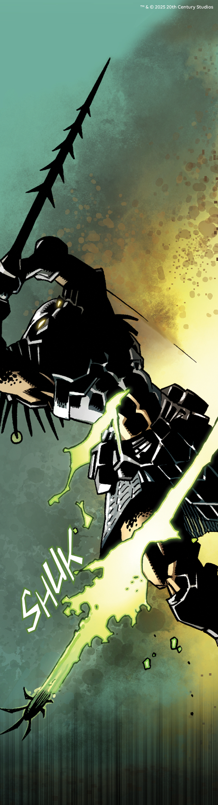 Shadowed silhouette of the Predator lunging through darkness