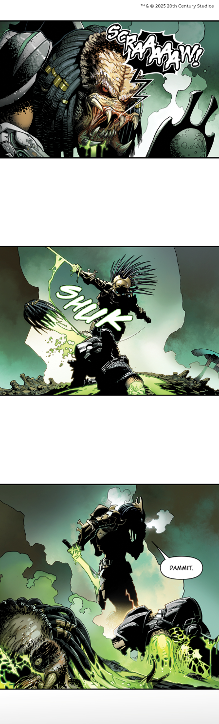 The Predator decapitating a foe, green blood spraying