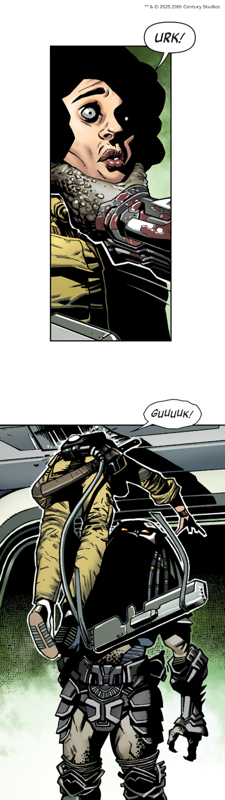 A woman held aloft by the Predator in a violent confrontation