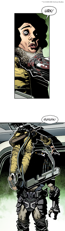 A woman held aloft by the Predator in a violent confrontation