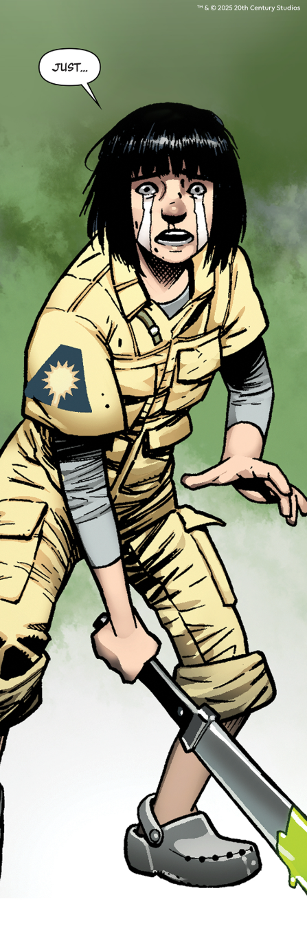 Theta in khaki clothing, wielding a machete