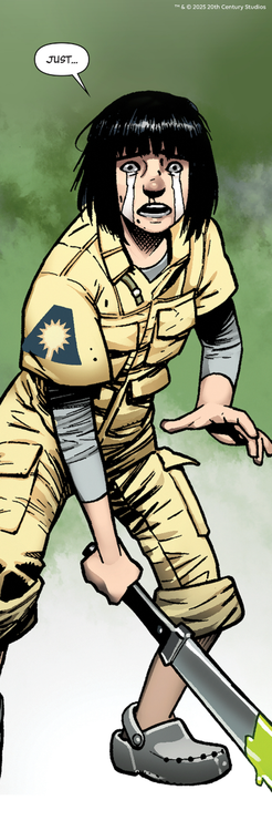 Theta in khaki clothing, wielding a machete