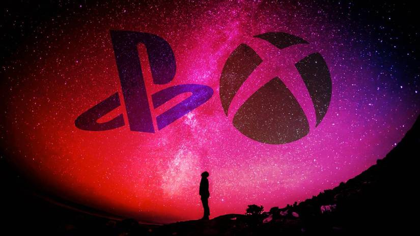 A PS5 and Xbox logo float in a night sky.