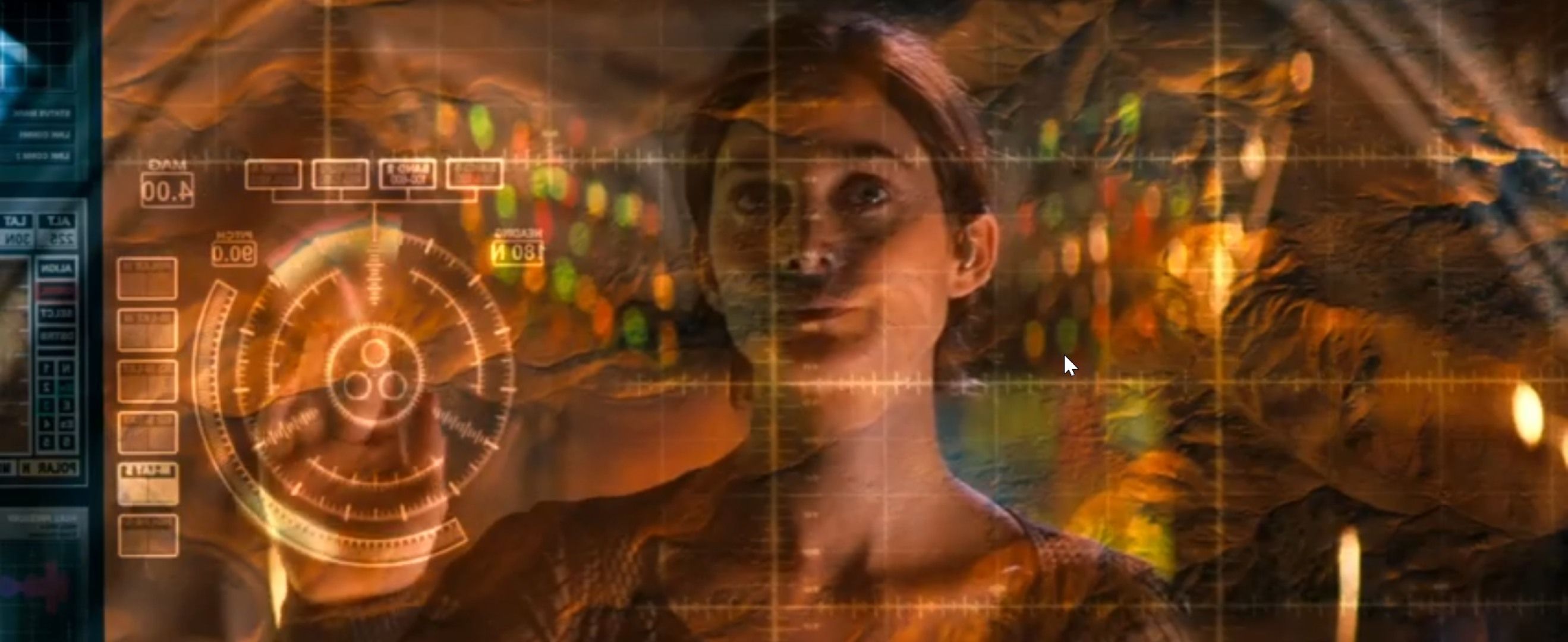 In a scene from the year 2000 film Red Planet, an astronaut played by Carrie-Anne Moss examines a complicated series of digital readouts and images on a screen. 