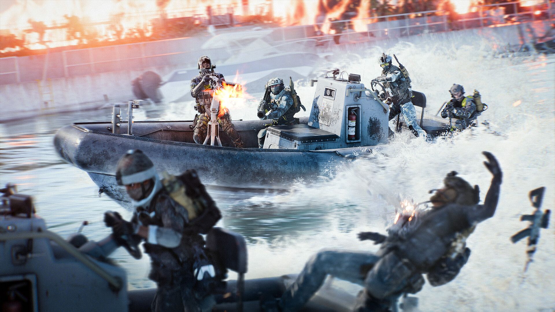 A crew of Battlefield 6 players on a boat shoot down an enemy team.