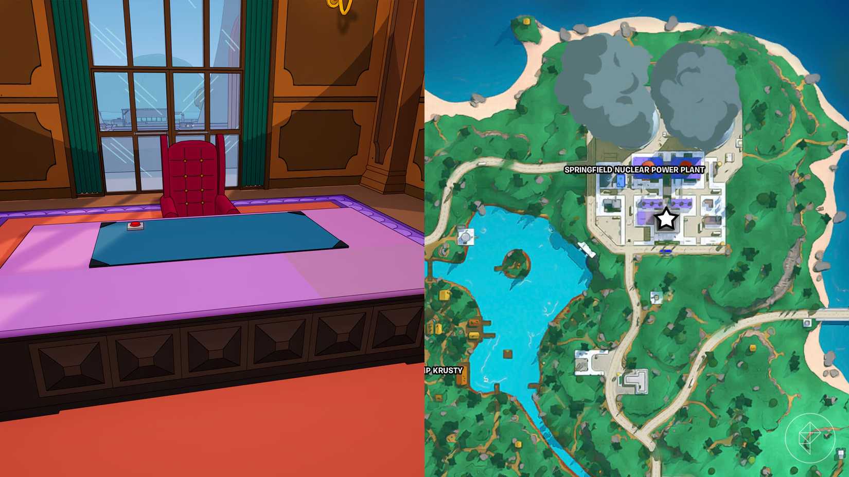 A split image of Mr. Burns' desk at the Power Plant along with its location marked on the Fortnite map with a star.