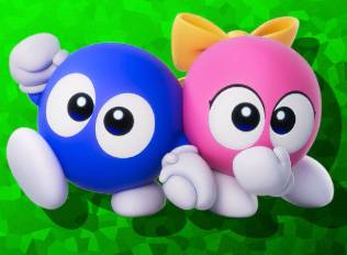 Lololo and Lalala, a blue ball and pink ball with arms, legs, and eyes