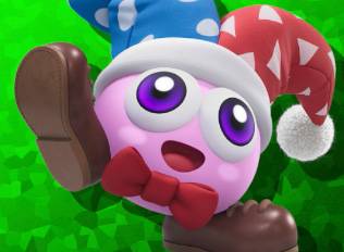 Marx, a pink round creature with a jester hat, in Kirby Air Riders