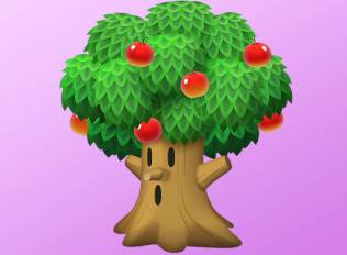 A Kirby Air Riders License Card Sticker of a tree with a face on the trunk and apples in the leaves