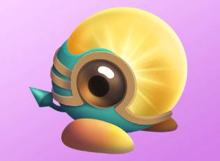 A Kirby Air Riders License Card Sticker of a round light-creature with a single eye on the side