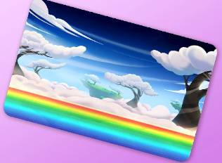 A Kirby Air Riders License Card Theme of a rainbow road with cloud trees