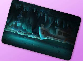 A Kirby Air Riders License Card Theme of a dark cave with a boat inside