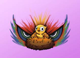 A Kirby Air Riders License Card Sticker of a baby bird in front of eyes of a more menacing bird