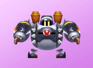 A Kirby Air Riders License Card Sticker of a steel robot with spikes and flames on it