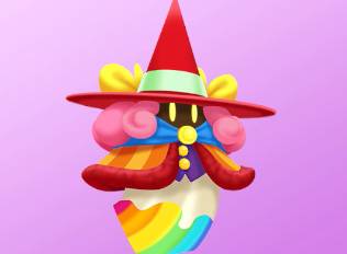 A Kirby Air Riders License Card Sticker of a witch dressed in rainbow colors