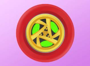 A Kirby Air Riders License Card Sticker of a red tire with gold and green accents in the center