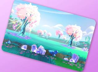 A Kirby Air Riders License Card Theme of a field with pink trees and crystals.